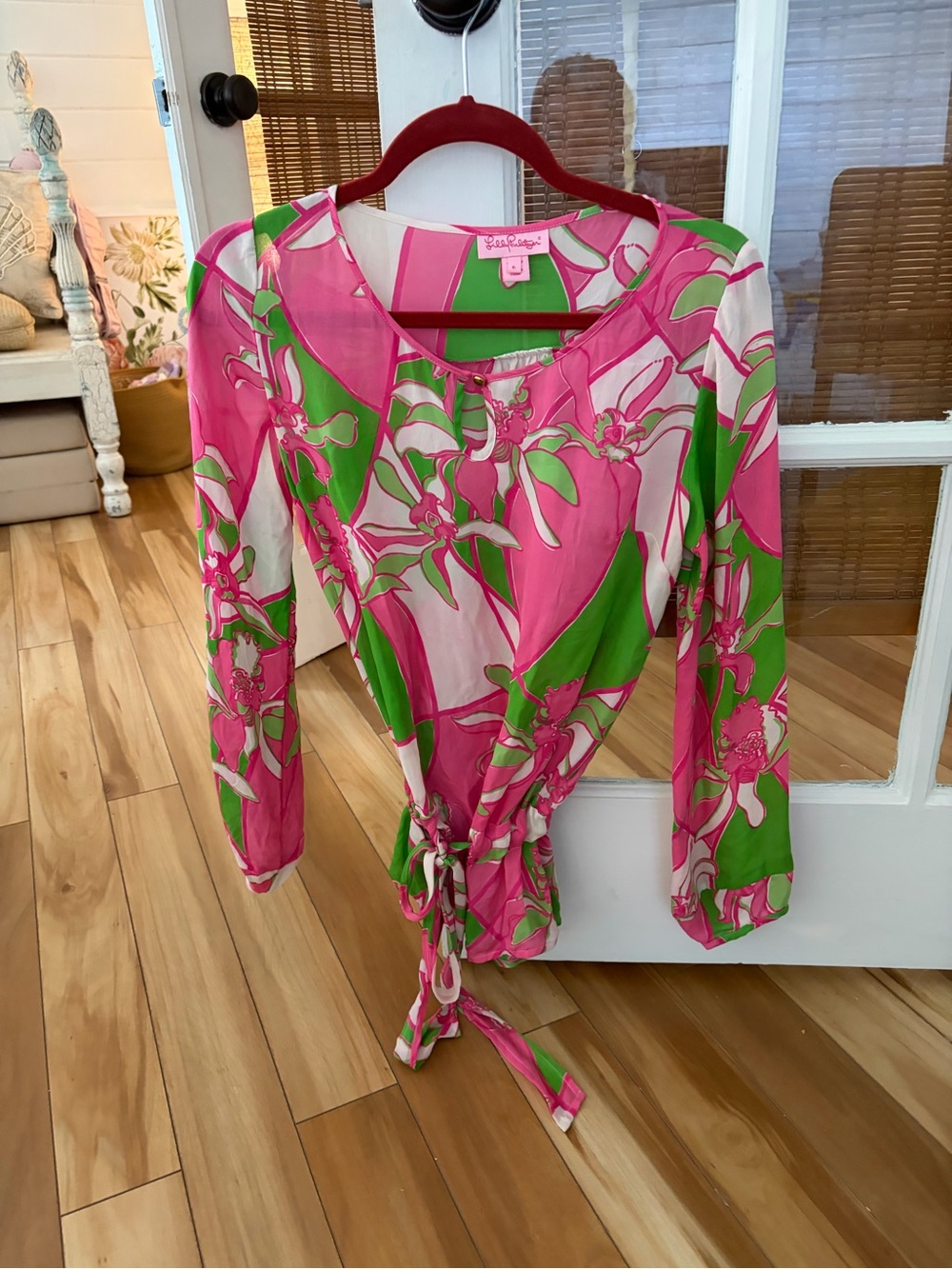 Lilly Pulitzer Pink & Green Floral Tie-Waist Blouse